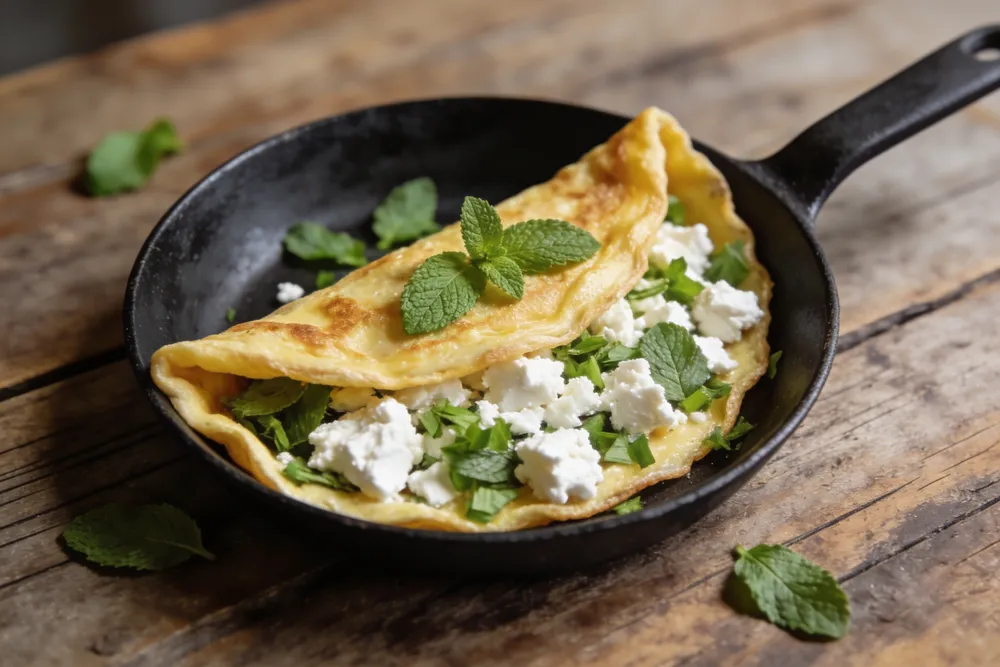 Una tortilla de queso fresco y menta en una sartén de hierro fundido