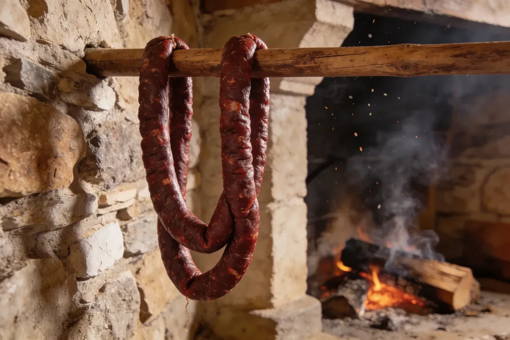 Figatelli colgados de una vara junto a una chimenea
