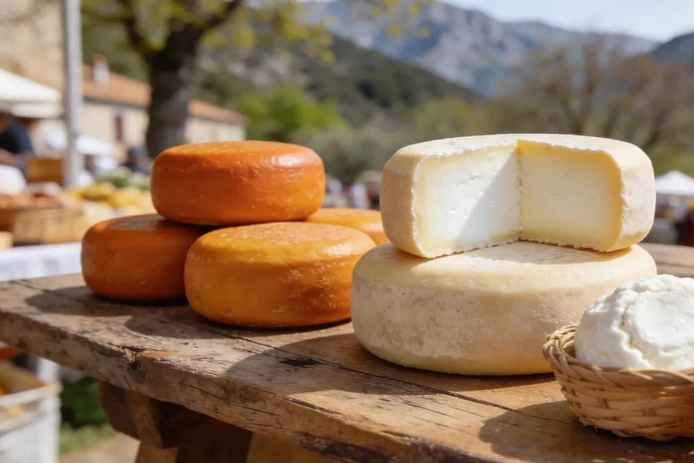 Tommes de granja de corteza anaranjada y queso fresco en una mesa de feria, en la montaña