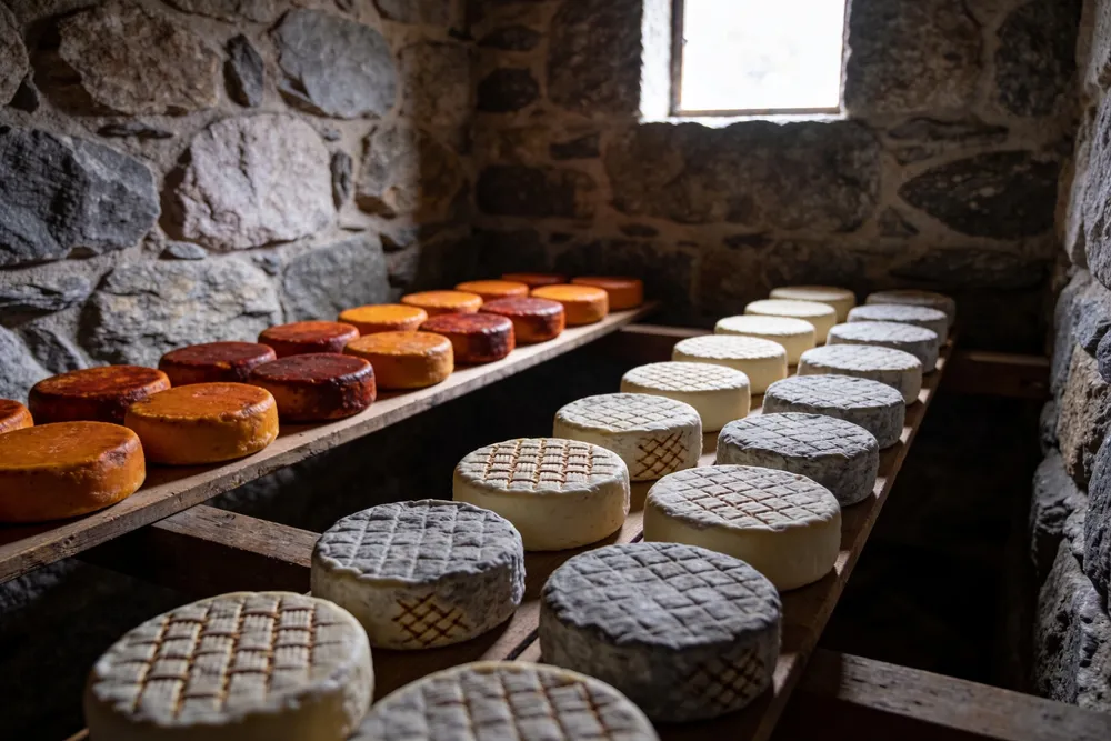 Pequeñas tommes de granja madurando en tablas, cortezas lavadas anaranjadas y cortezas naturales grises, en una bodega de granito